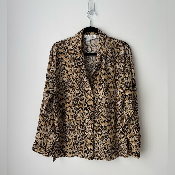Vintage Other - Vintage 100% Silk Leopard Print Blouse Animal Print Button Down Top S